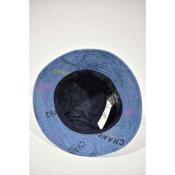 Chanel 22P Blue Black Pink Denim Graffiti CC Logo Sun Cloche Bucket Hat Small S - Picture 11 of 11